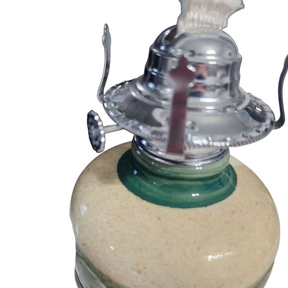 Vintage Oil Lantern Farmhouse Ceramic Green Cream Country with Glass Hurricane - Picture 3 of 8